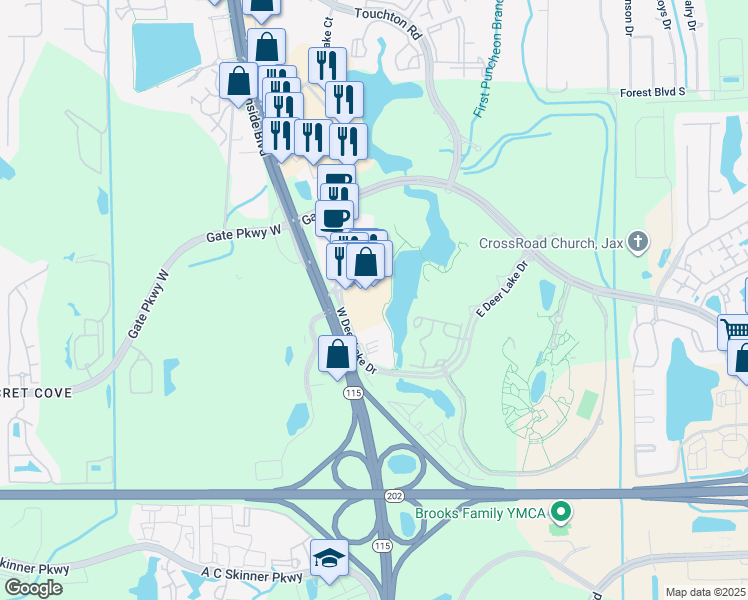 map of restaurants, bars, coffee shops, grocery stores, and more near 9734 West Deer Lake Drive in Jacksonville