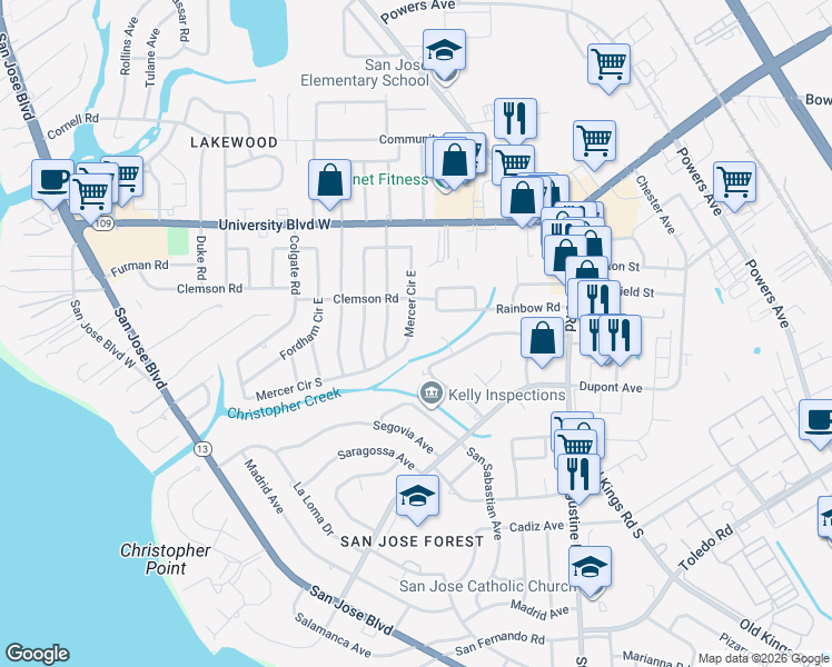 map of restaurants, bars, coffee shops, grocery stores, and more near 2737 Christopher Creek Road West in Jacksonville