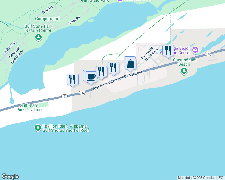 map of restaurants, bars, coffee shops, grocery stores, and more near 23044 Perdido Beach Boulevard in Orange Beach
