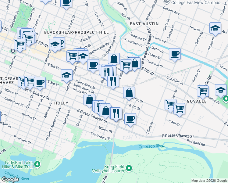map of restaurants, bars, coffee shops, grocery stores, and more near 2618 East 4th Street in Austin