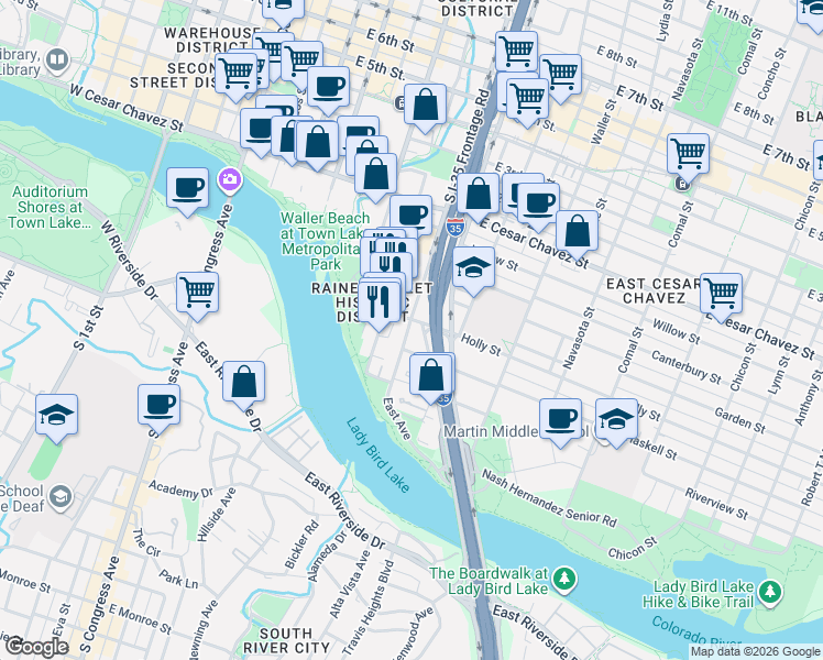 map of restaurants, bars, coffee shops, grocery stores, and more near 51 East Avenue in Austin