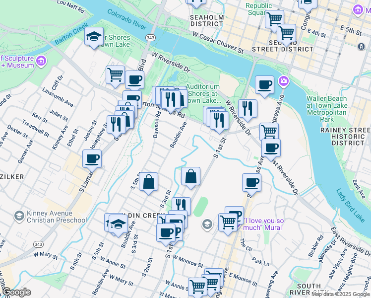 map of restaurants, bars, coffee shops, grocery stores, and more near 715 Post Oak Street in Austin