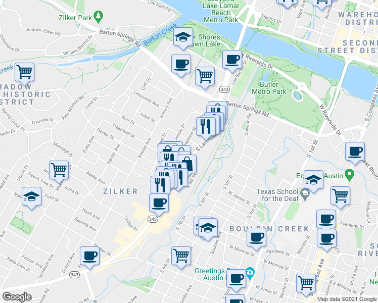 map of restaurants, bars, coffee shops, grocery stores, and more near 811 South Lamar Boulevard in Austin