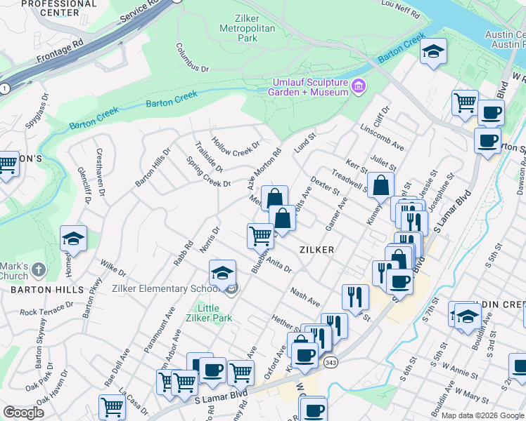 map of restaurants, bars, coffee shops, grocery stores, and more near 1500 Bluebonnet Lane in Austin