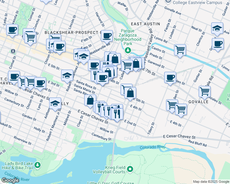 map of restaurants, bars, coffee shops, grocery stores, and more near 2618 East 4th Street in Austin