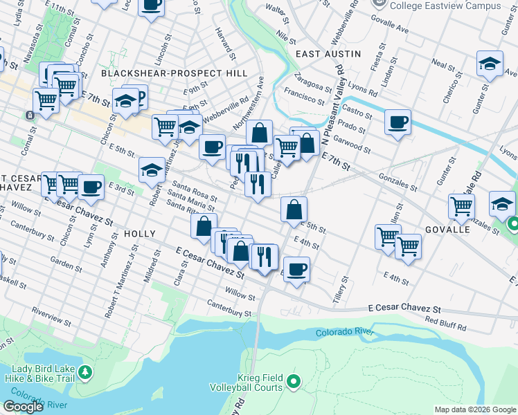 map of restaurants, bars, coffee shops, grocery stores, and more near 2618 East 4th Street in Austin
