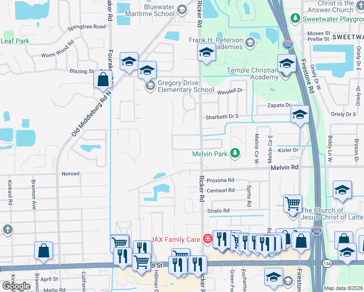 map of restaurants, bars, coffee shops, grocery stores, and more near 4511 Melissa Court West in Jacksonville