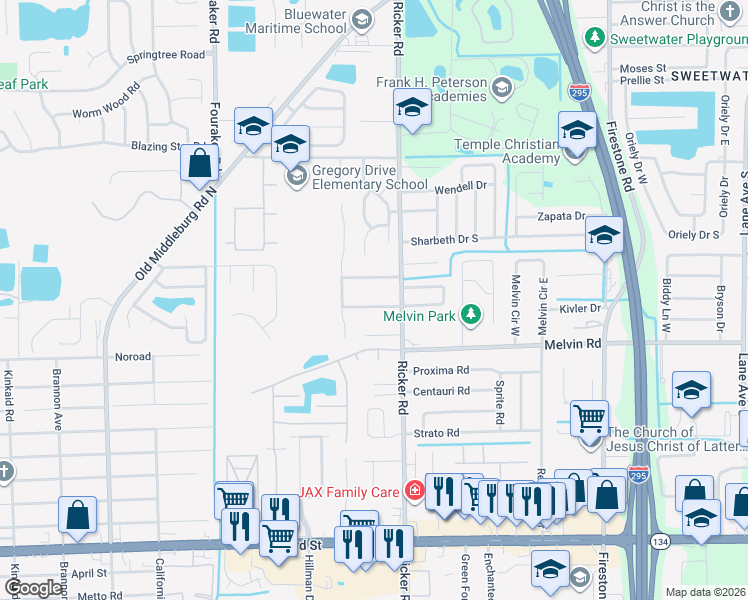 map of restaurants, bars, coffee shops, grocery stores, and more near 7643 Jana Lane South in Jacksonville