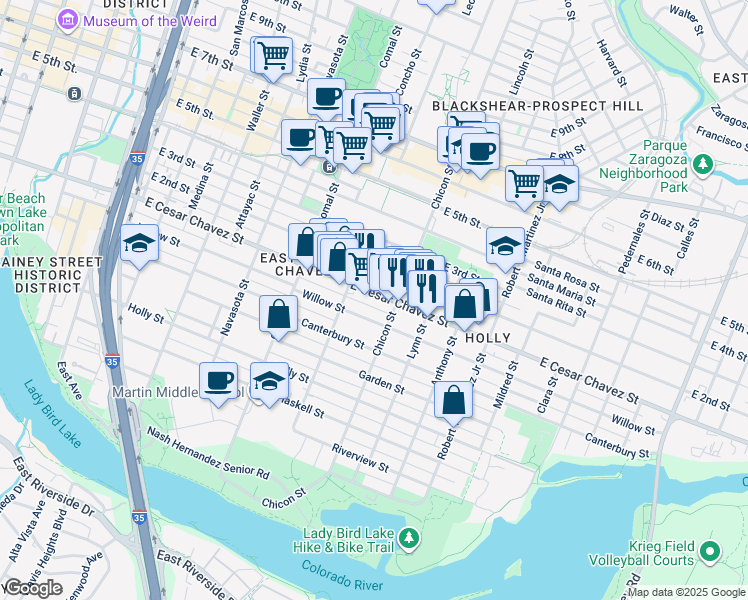 map of restaurants, bars, coffee shops, grocery stores, and more near 1810 Willow Street in Austin