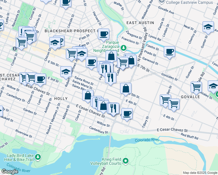 map of restaurants, bars, coffee shops, grocery stores, and more near 2618 East 4th Street in Austin
