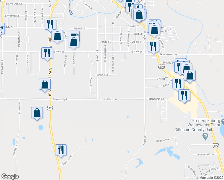 map of restaurants, bars, coffee shops, grocery stores, and more near 709 South Creek Street in Fredericksburg
