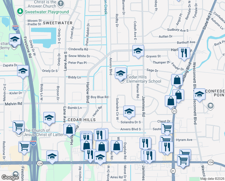 map of restaurants, bars, coffee shops, grocery stores, and more near 4503 Anvers Boulevard in Jacksonville