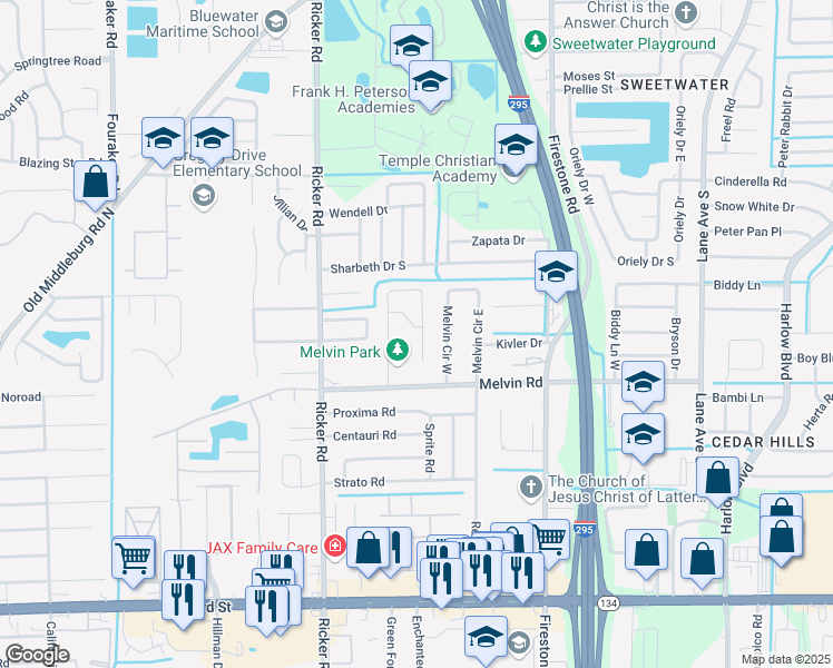 map of restaurants, bars, coffee shops, grocery stores, and more near 7406 White Alder Drive in Jacksonville