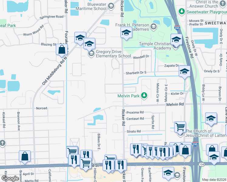map of restaurants, bars, coffee shops, grocery stores, and more near 7651 Jana Lane South in Jacksonville