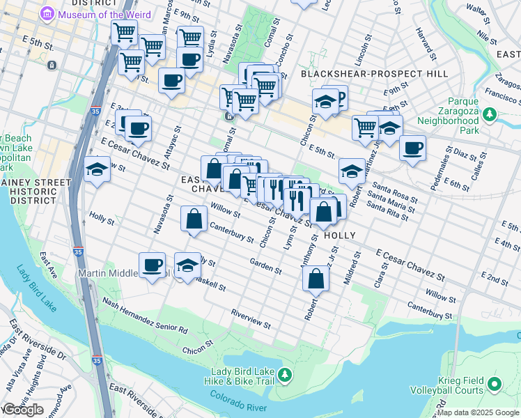 map of restaurants, bars, coffee shops, grocery stores, and more near 1801 East Cesar Chavez Street in Austin