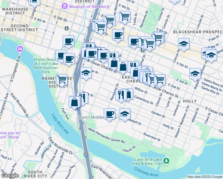 map of restaurants, bars, coffee shops, grocery stores, and more near 1306 Garden Street in Austin
