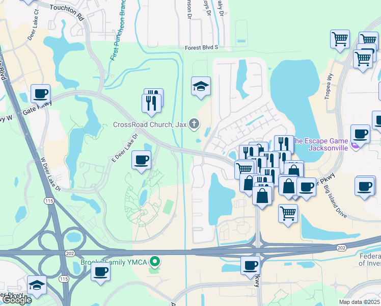 map of restaurants, bars, coffee shops, grocery stores, and more near 2 Gate Parkway in Jacksonville