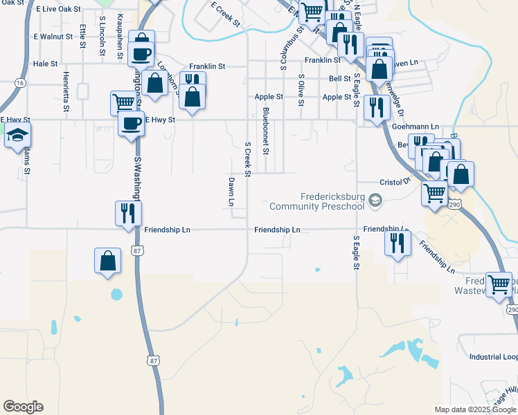 map of restaurants, bars, coffee shops, grocery stores, and more near 707 South Creek Street in Fredericksburg