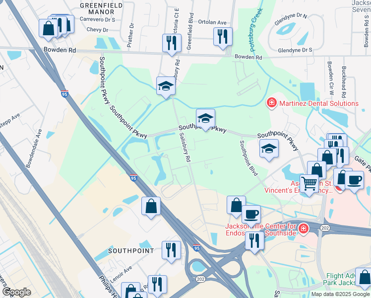 map of restaurants, bars, coffee shops, grocery stores, and more near 3918 Salisbury Road in Jacksonville