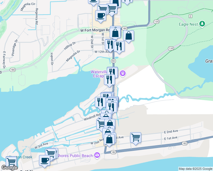 map of restaurants, bars, coffee shops, grocery stores, and more near 108 West 8th Avenue in Gulf Shores