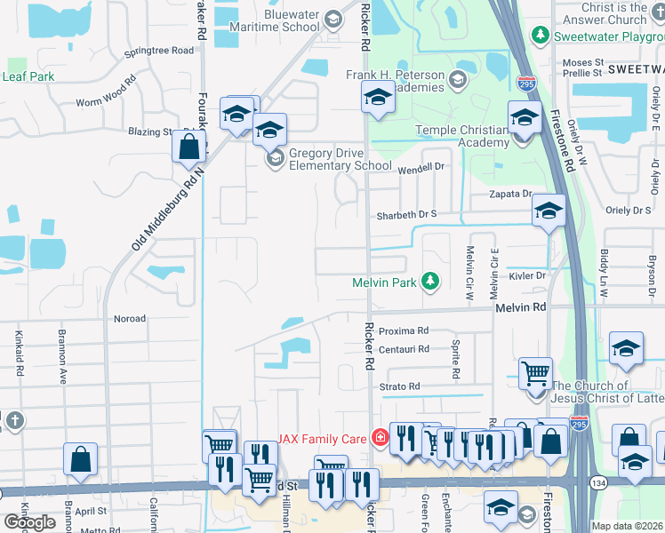 map of restaurants, bars, coffee shops, grocery stores, and more near 4449 Melissa Court North in Jacksonville