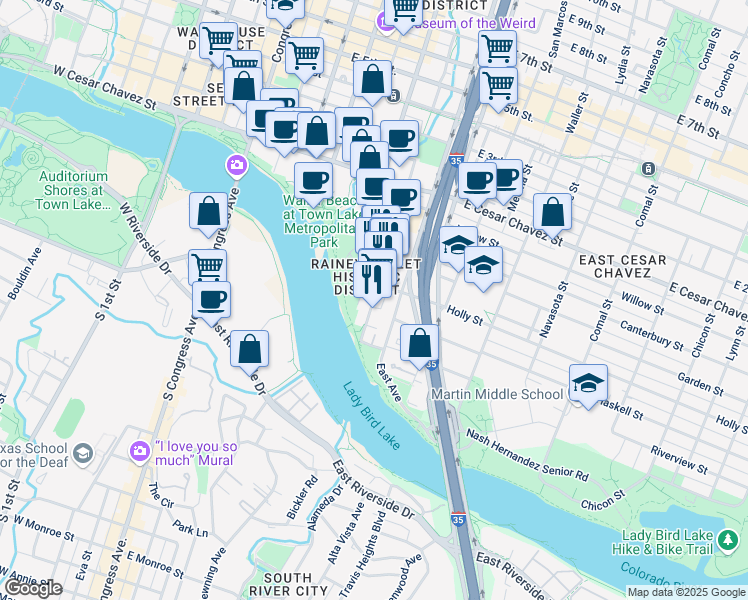 map of restaurants, bars, coffee shops, grocery stores, and more near 43 Rainey Street in Austin