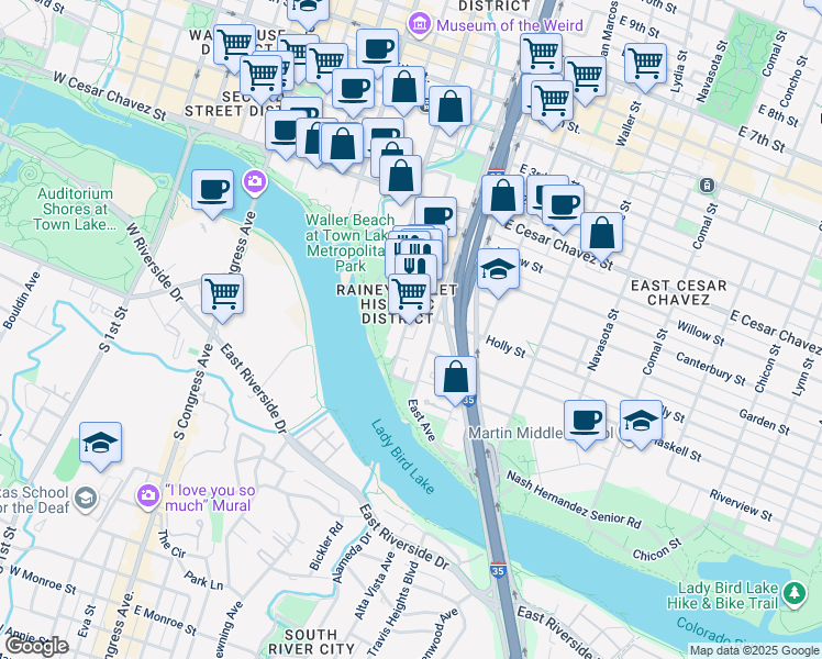 map of restaurants, bars, coffee shops, grocery stores, and more near 69 Rainey Street in Austin
