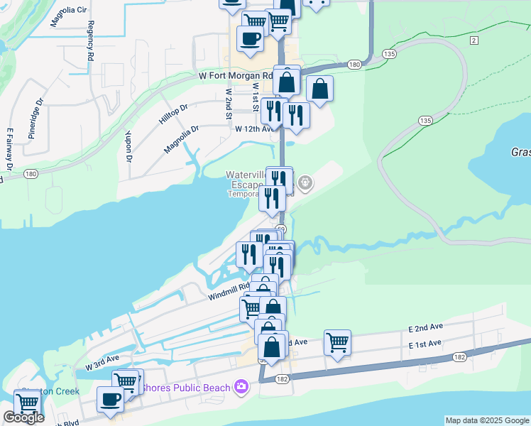 map of restaurants, bars, coffee shops, grocery stores, and more near 108 West 8th Avenue in Gulf Shores