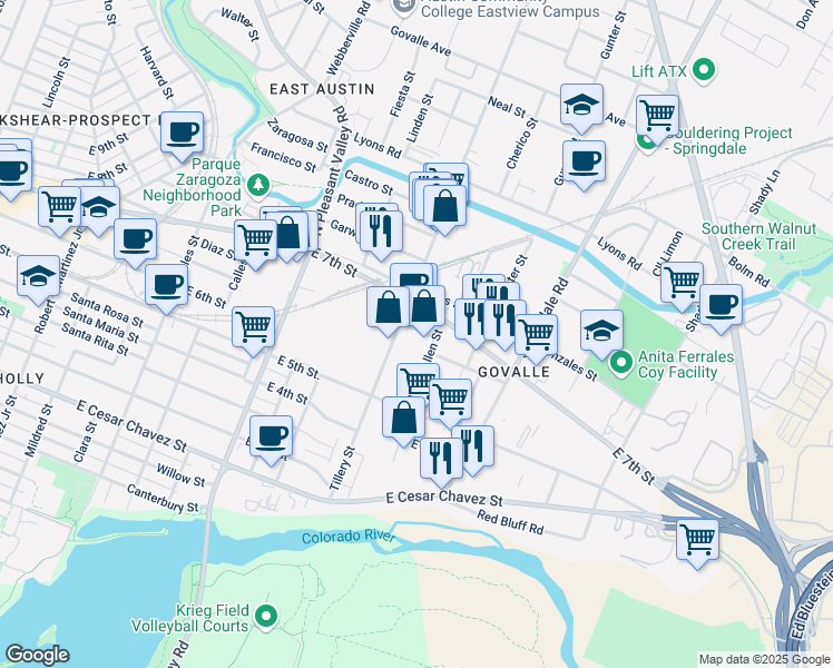 map of restaurants, bars, coffee shops, grocery stores, and more near 645 Tillery Street in Austin