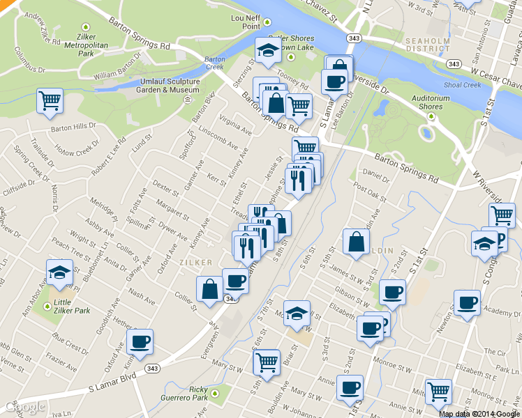 map of restaurants, bars, coffee shops, grocery stores, and more near in Austin