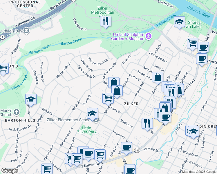 map of restaurants, bars, coffee shops, grocery stores, and more near 2126 Melridge Place in Austin