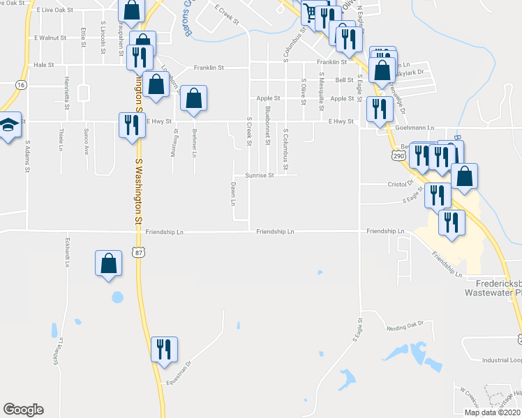 map of restaurants, bars, coffee shops, grocery stores, and more near 705 South Creek Street in Fredericksburg