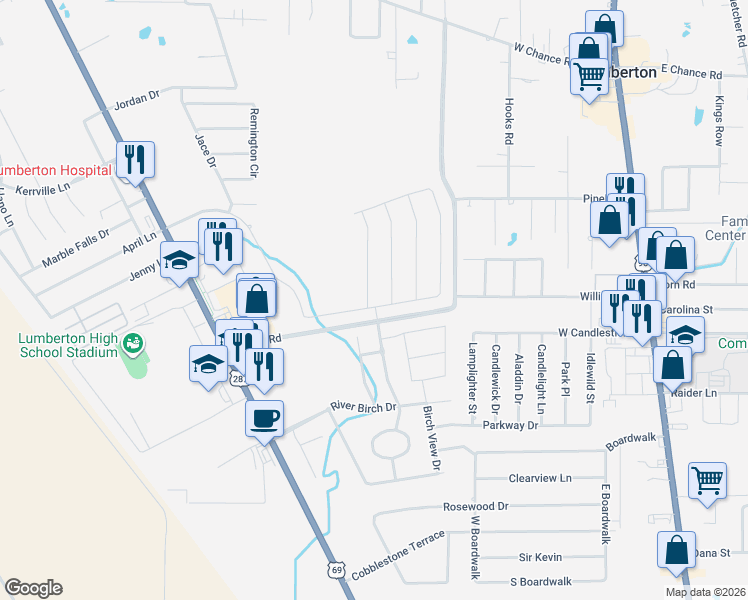 map of restaurants, bars, coffee shops, grocery stores, and more near 1650 Kalas Circle in Lumberton