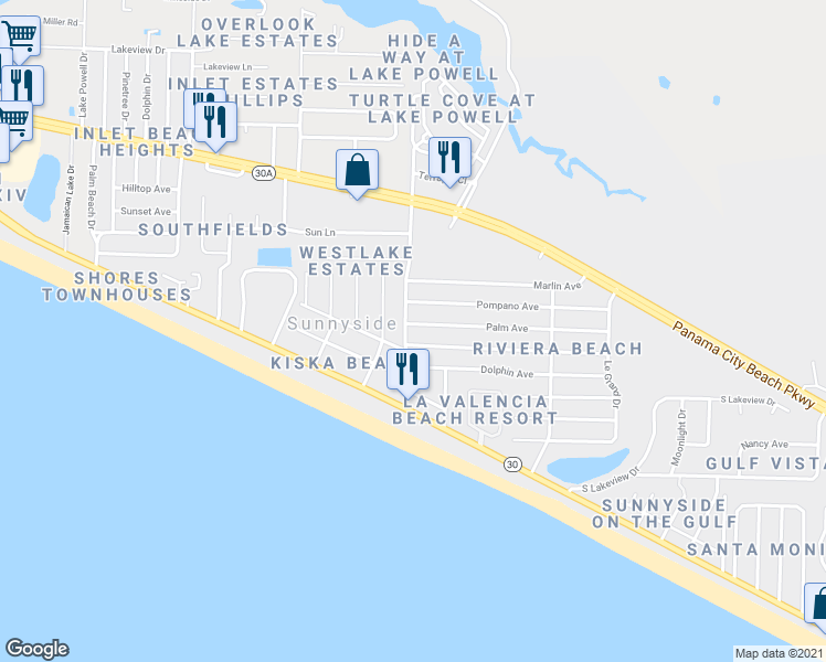 map of restaurants, bars, coffee shops, grocery stores, and more near 21821 Palm Avenue in Panama City Beach