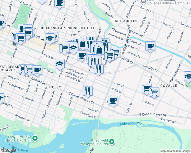 map of restaurants, bars, coffee shops, grocery stores, and more near 501 Pedernales Street in Austin