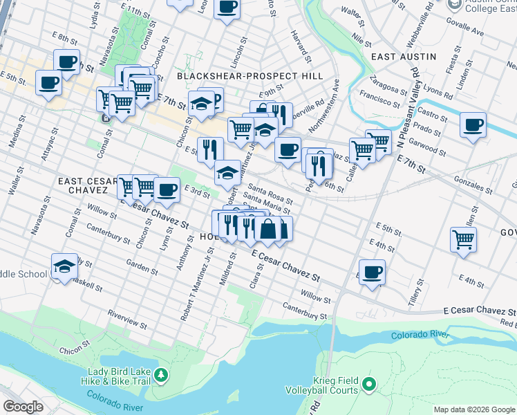 map of restaurants, bars, coffee shops, grocery stores, and more near in Austin