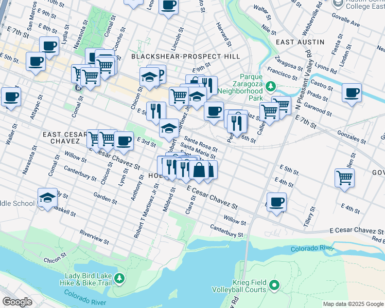 map of restaurants, bars, coffee shops, grocery stores, and more near 2308 Santa Rita Street in Austin