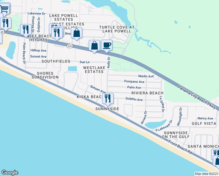 map of restaurants, bars, coffee shops, grocery stores, and more near 21817 Pompano Avenue in Panama City Beach