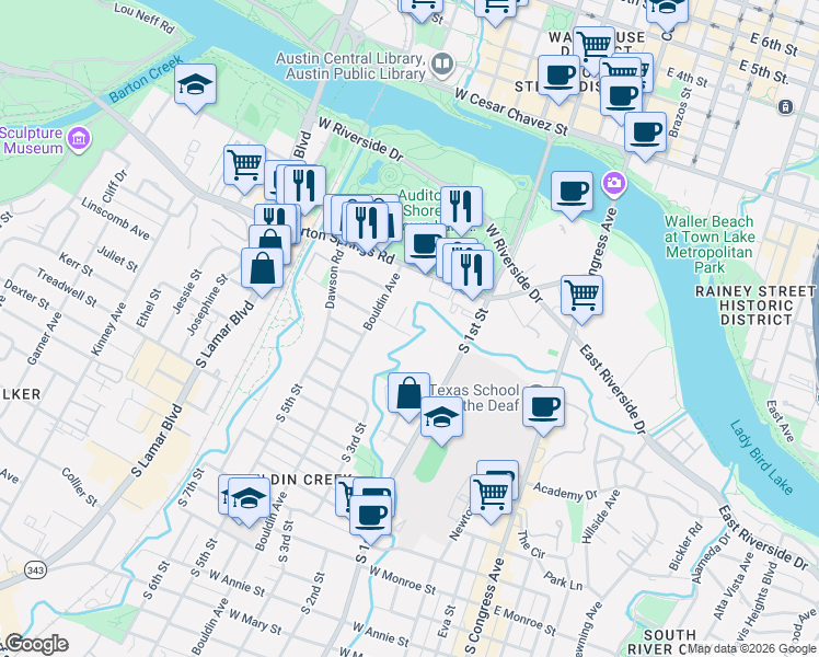 map of restaurants, bars, coffee shops, grocery stores, and more near 714 Post Oak Street in Austin