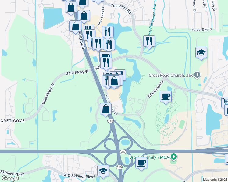 map of restaurants, bars, coffee shops, grocery stores, and more near 9822 Tapestry Park Circle in Jacksonville