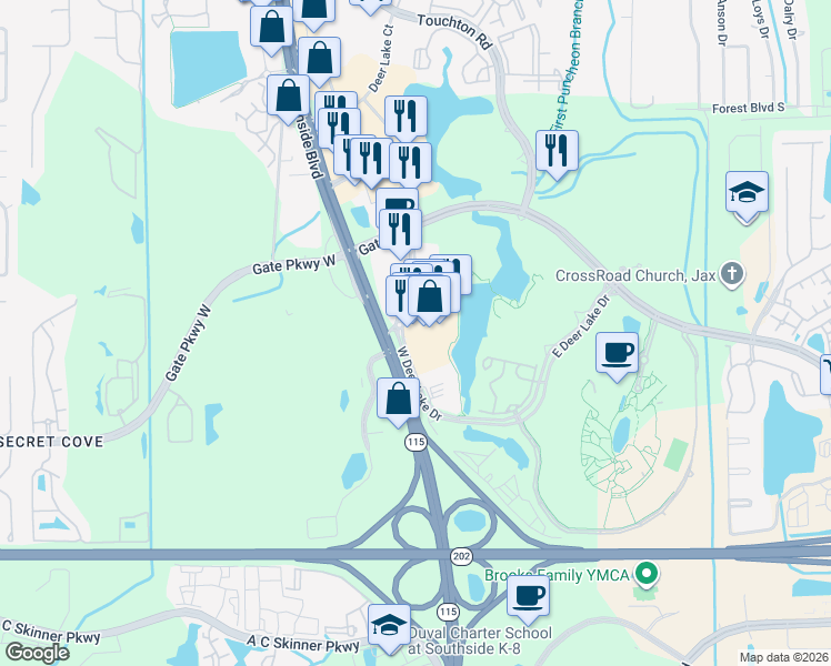 map of restaurants, bars, coffee shops, grocery stores, and more near 9822 Tapestry Park Circle in Jacksonville