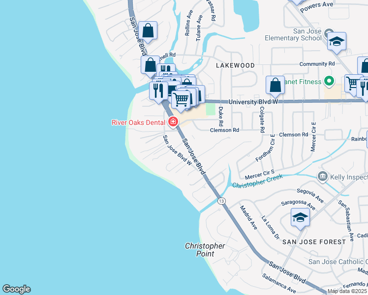 map of restaurants, bars, coffee shops, grocery stores, and more near 6201 San Jose Boulevard in Jacksonville
