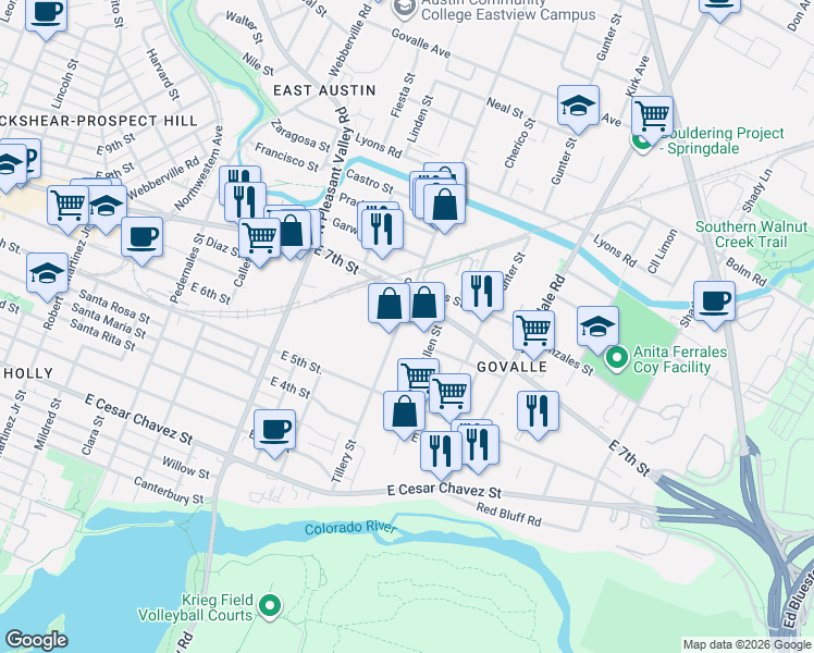 map of restaurants, bars, coffee shops, grocery stores, and more near 645 Tillery Street in Austin