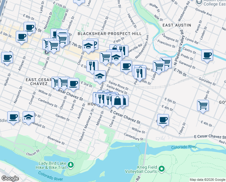 map of restaurants, bars, coffee shops, grocery stores, and more near in Austin