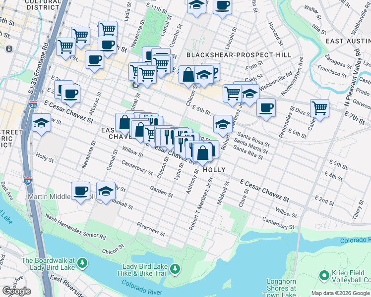 map of restaurants, bars, coffee shops, grocery stores, and more near 1908 East 2nd Street in Austin