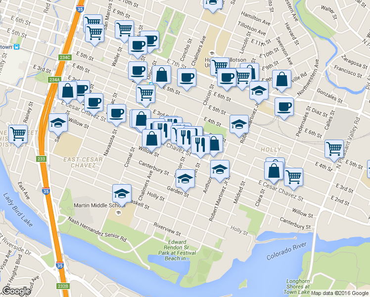 map of restaurants, bars, coffee shops, grocery stores, and more near 102 Chicon Street in Austin