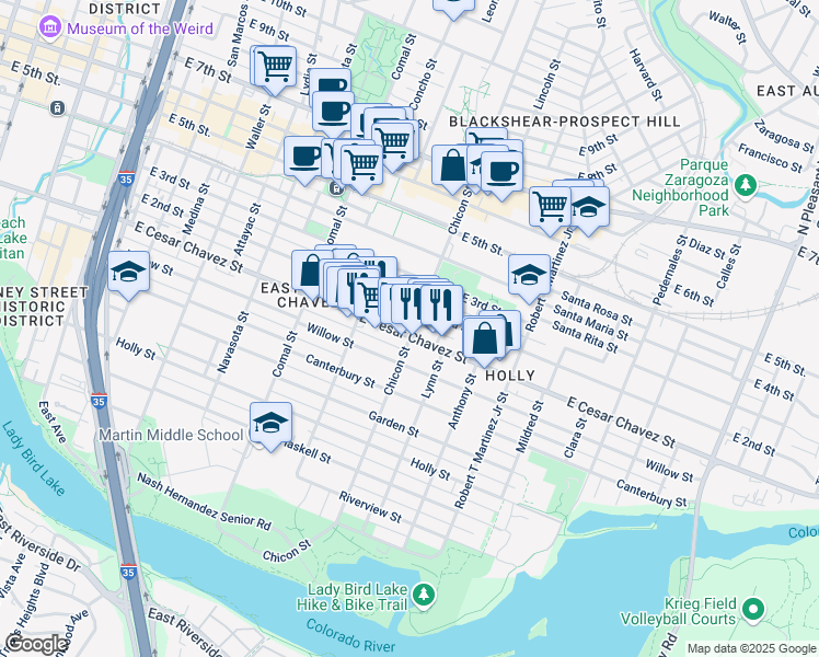 map of restaurants, bars, coffee shops, grocery stores, and more near 102 Chicon Street in Austin