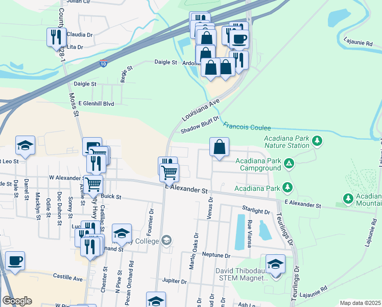 map of restaurants, bars, coffee shops, grocery stores, and more near 604 Winnipeg Avenue in Lafayette