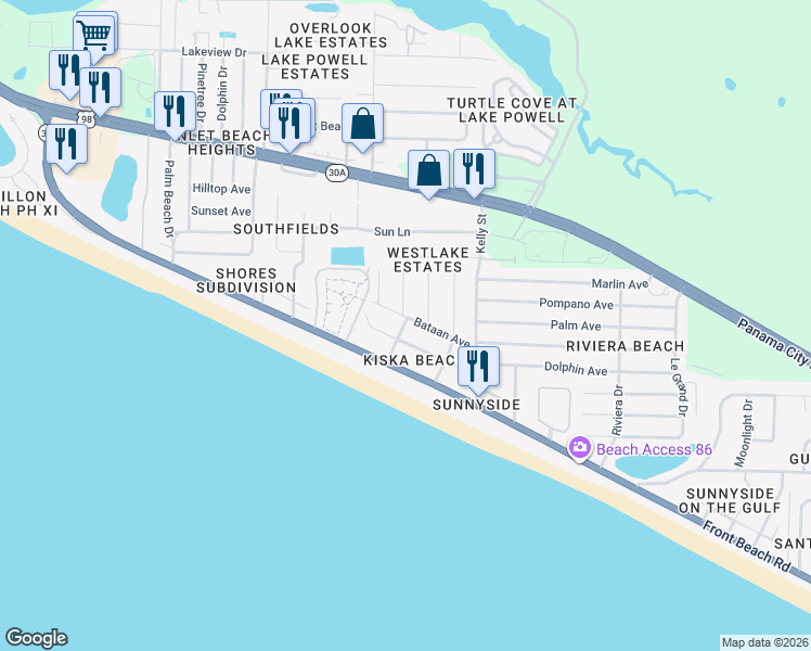 map of restaurants, bars, coffee shops, grocery stores, and more near 22018 Bataan Avenue in Panama City Beach