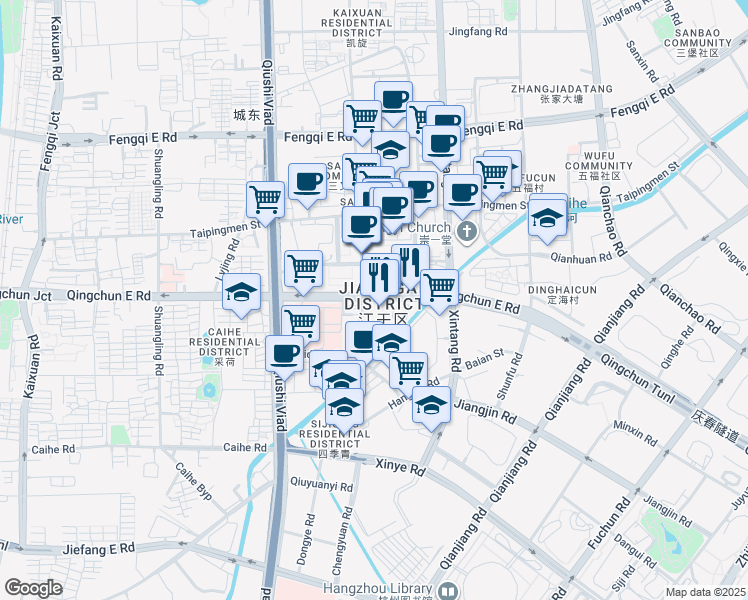 map of restaurants, bars, coffee shops, grocery stores, and more near 1 Qingchun East Road in Hangzhou Shi